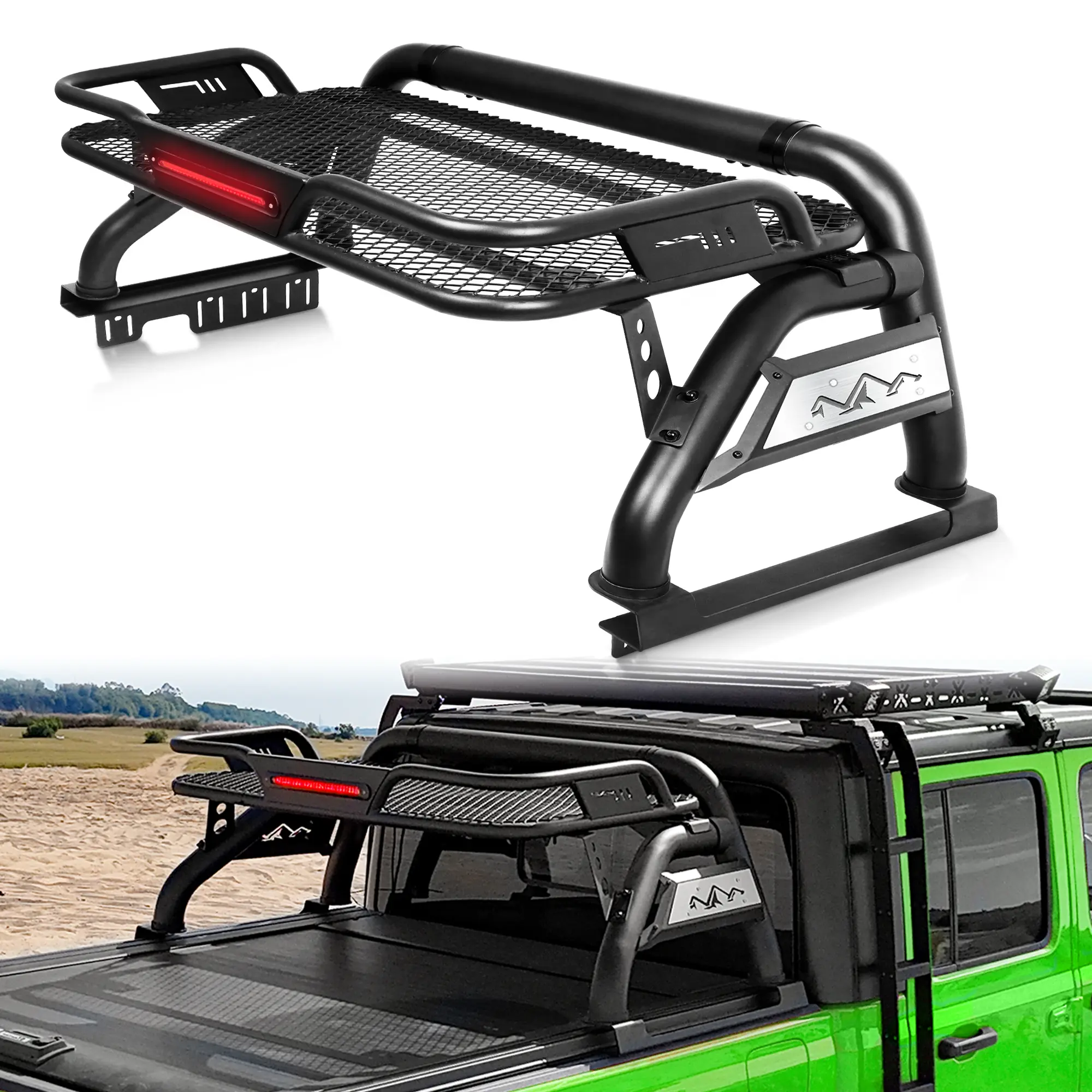 MONOKING Cargo Basket Full-Size Truck Bed Chase Rack for Ford F-150 F-250 F-350 F-450, Ram 1500 2500 3500, Silverado Sierra Tundra and Titan, Carbon Steel Sport Bar with Detachable Cargo Basket and Brake Light