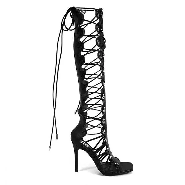 Women's HUGO-60 Black Faux Leather Lace-Up Open-Toe Gladiator Stiletto Boot, Footwear with Grommet Details, Stylish Women's Shoe