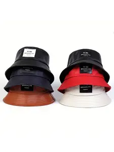 Unisex N86 PU Leather Bucket Hat, Durable Woven Hat, Asymmetrical Plaid Design, Casual Outdoor Sun Protection Cap for Spring & Fall Travel Fitted Hat