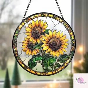 Golden Sunflower Stained Glass Suncatcher: Bright Window Decor