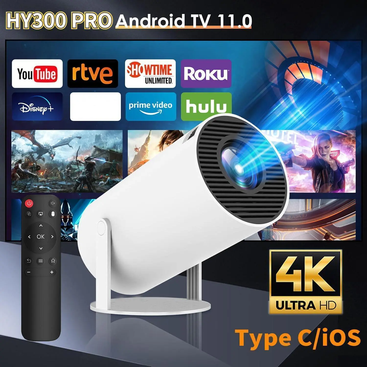 【SUMMER SALE】Mini Projector HY300 PRO, 4K/200 ANSI, Auto Keystone, 2.4/5G WiFi, BT 5.0, 130" Screen, 180° Flip, Round Design, Portable Home Video Projector,for Valentine’s Day Gift
