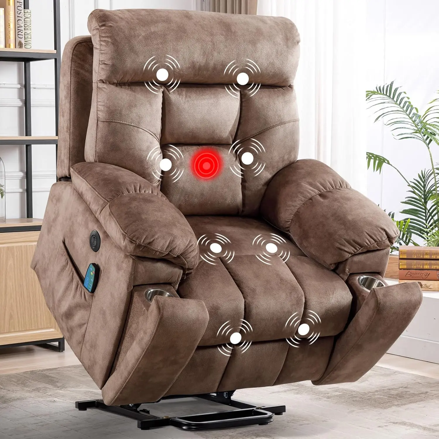EBELLO Large Power Lift Recliner Chair with Massage and Heat for Elderly Big and Tall People, Overstuffed Wide Recliners with 2 Cup Holders, Side Pocket and USB Port, Camel