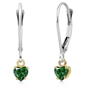 925 Silver and 10K Yellow Gold Green Nano Emerald Dangle Earrings for Women | 0.80 Cttw | Gemstone May Birthstone | Heart Shape 4MM