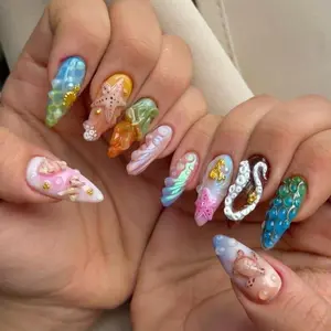 Summer Vibe Press On Nails 3D Seahorse Starfish Turtle Marine Life Colorful Mermaid Shell Ocean