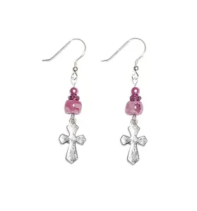 Pink Crazy Lace Agate, Purple Amethyst, and Cross Earrings with Sterling Silver Hooks