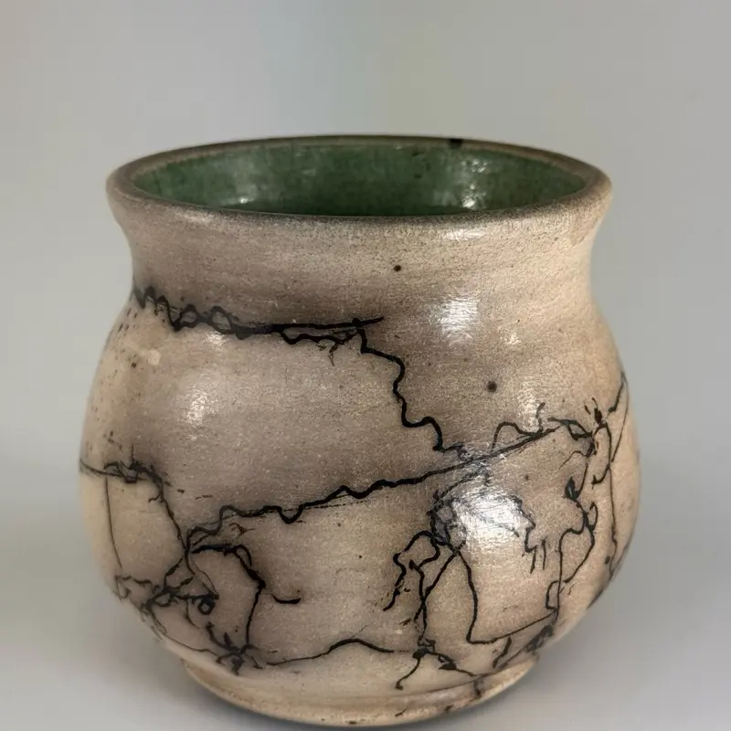 Handmade Horsehair Raku Pottery - Home Decor, Hand Burnished Exterior, waxed and polished. Coil Water Blue Glaze Reduction Interior.