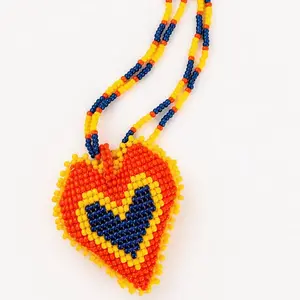 3D Heart Necklace - Beaded Design with Yellow, Orange, and Blue Beads, Perfect for Everyday Wear