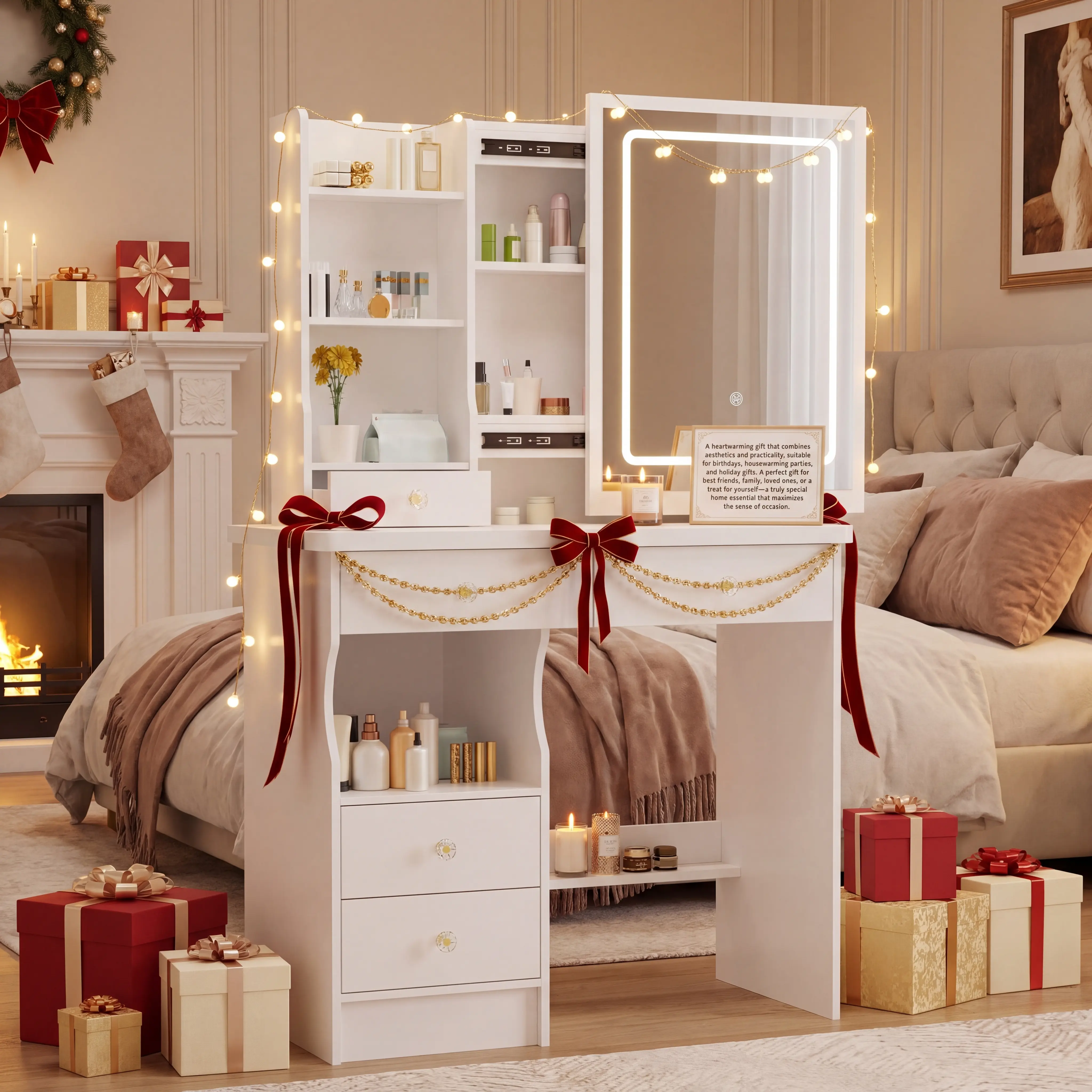 Vanity with mirror - Vanity with Sliding LED Mirror, Hidden Storage, 4 Drawers, Open Shelving, 3-Color Adjustable Lighting for Bedroom Organization, Makeup Vanity Desk With Lights