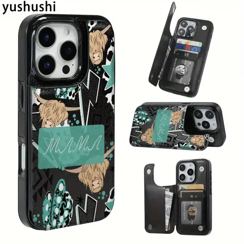 Durable Feminine Cute Cow Pattern Wallet Cover Phone Case for iPhone 17/16/15/14 Pro/13/12 Pro Max/Plus/Air - PU Leather Card Holder, Phone Accessories