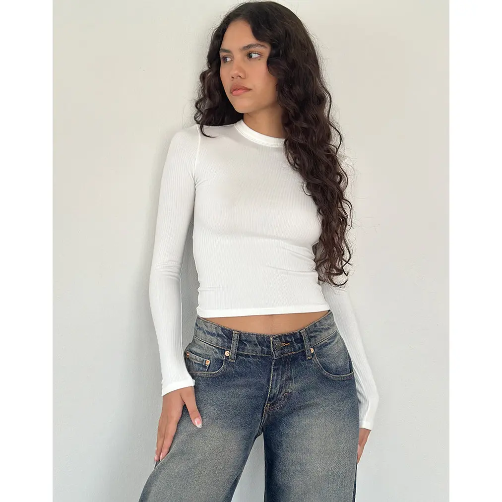 Beech Ribbed Long Sleeve Top in Off White