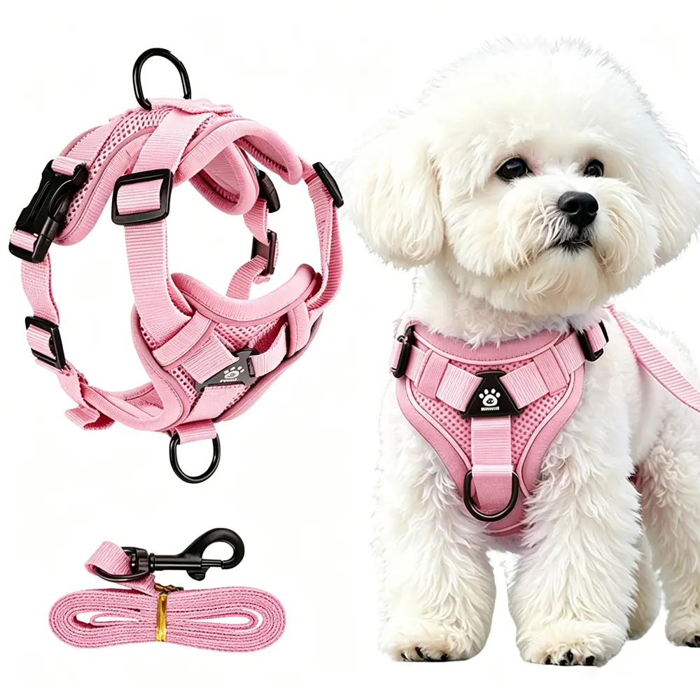 Anti-Pull Dog Harness and Leash Set — Escape-proof design featuring breathable 3D mesh and soft padding prevents neck strain and offers an adjustable fit. Includes a 1.5m leash and is suitable for dog breeds of all sizes, from small to large Bichon Frises