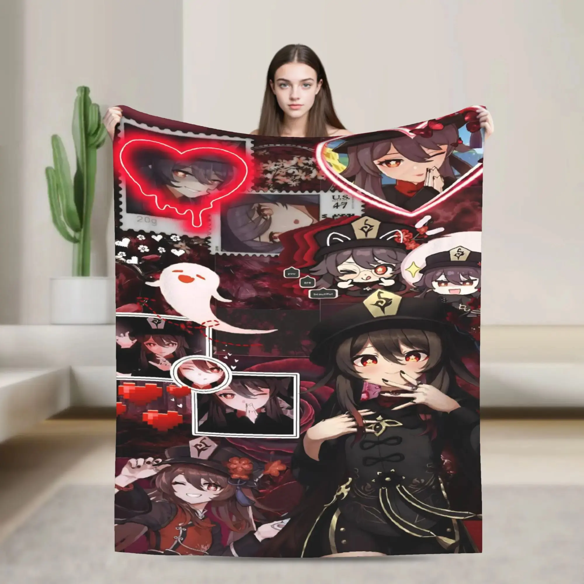Genshin Impact Hu Tao Game Flannel Blanket Warm Soft Bedding Throws for Home Decor Decorative Pattern Bedspread Sofa Bed Cover