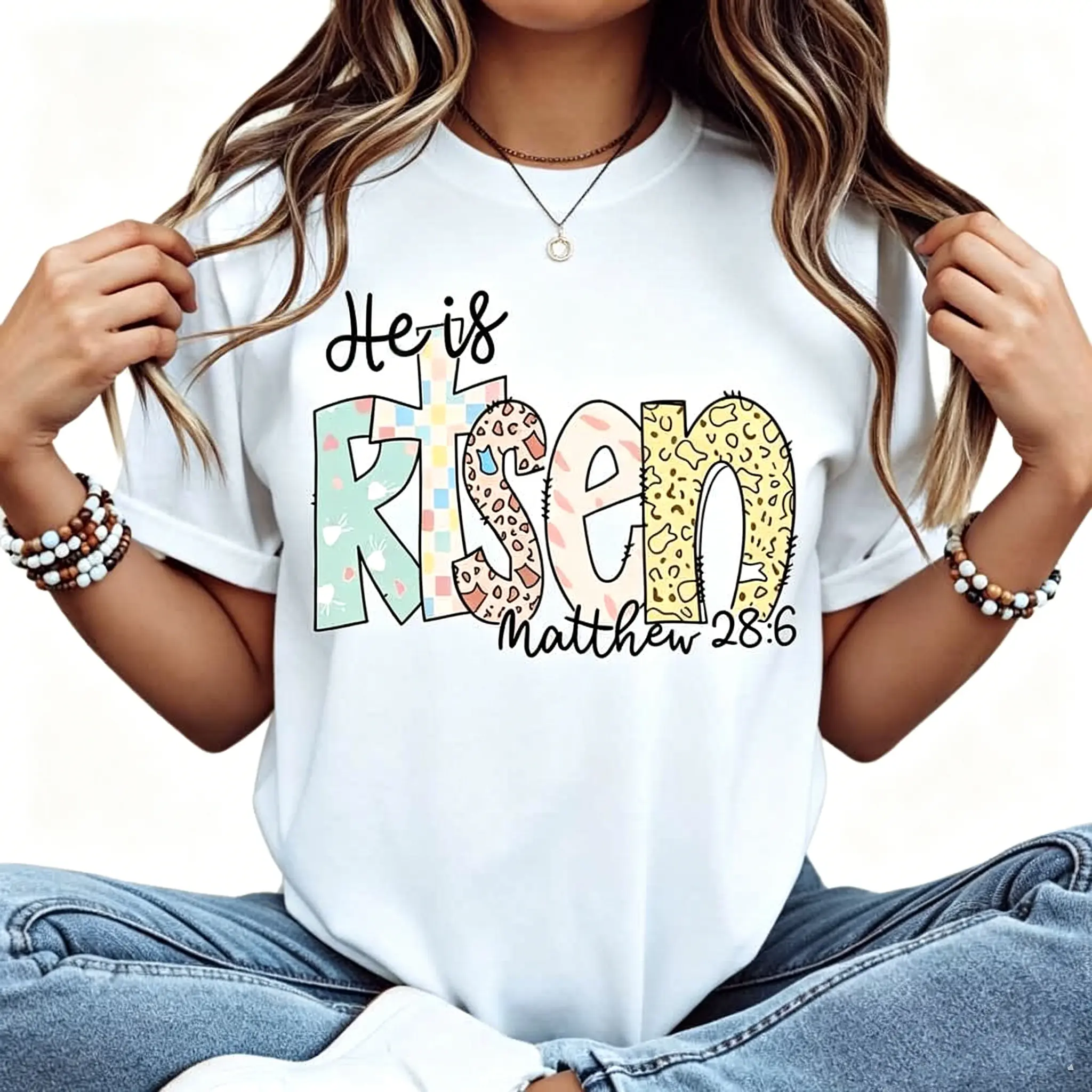 Women Casual T-Shirt White He Is Risen Matthew 28 6 Christian Religious Easter Spring Summer Outfit