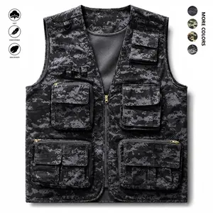 Men’s camouflage lightweight all-season vest jacket with multiple pockets for outdoor work, suitable for fishing, hunting, travel, and more. It features a zippered front panel that is machine washable (the vest and jacket can both be worn separately or to