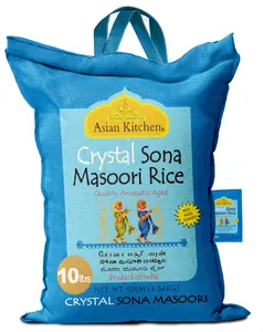 Asian Kitchen Crystal Sona Masoori Aged Rice 10lbs (4.54kg) Short Grain Rice ~ All Natural | Gluten Friendly | Vegan | Kosher | Indian Origin | Export Quality
