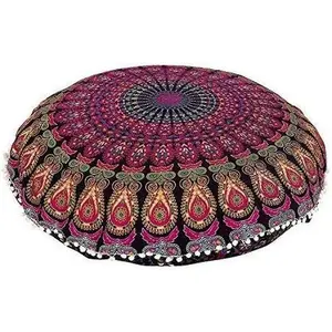 ICC 32 Inch Floor Pillows & Cushion covers Decorative Hippie Mandala Pouf Pillow covers Seating Meditation Cushion Cover Bohemian Large Boho Ottoman Case Pillowcase Couch Round Pink