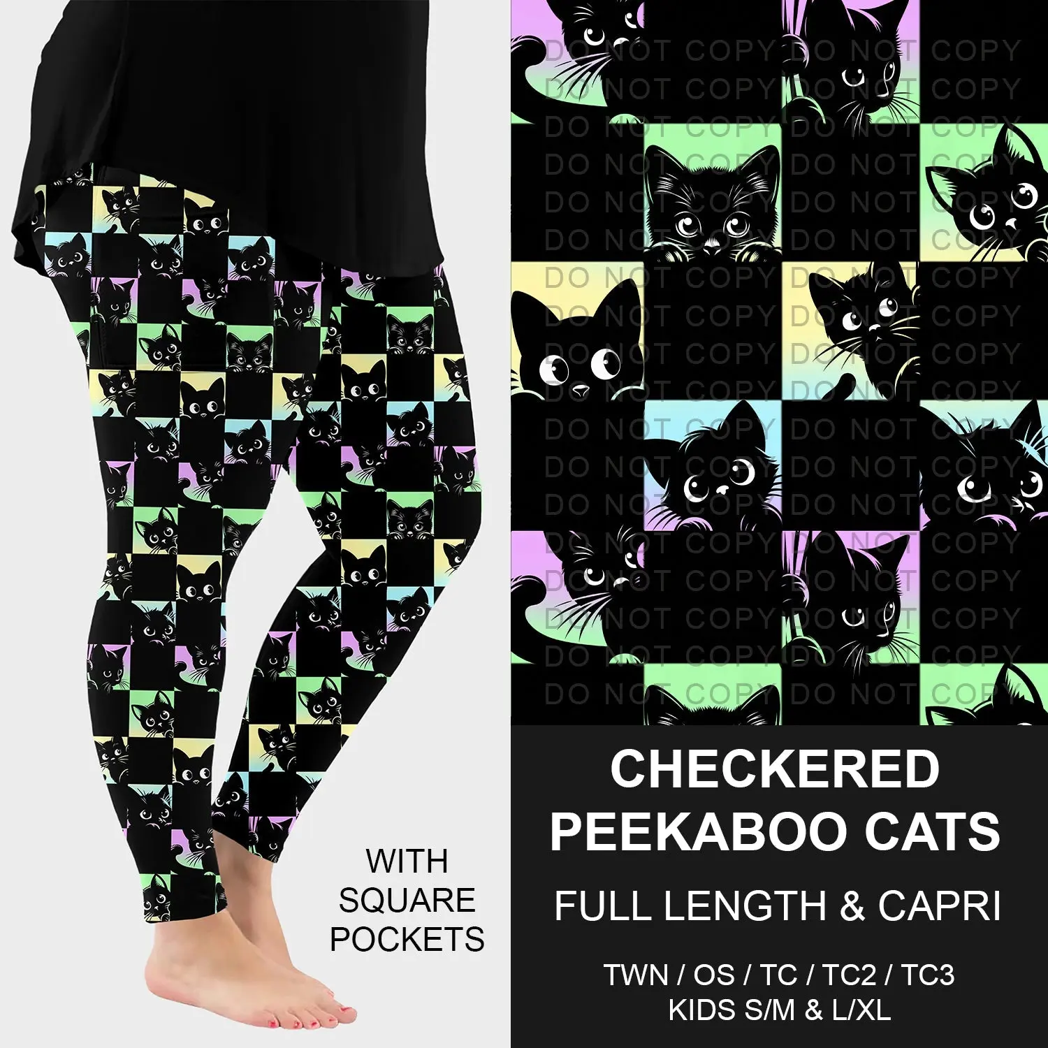 B257 - Preorder Checkered Peekaboo Cats Leggings w/ Pockets (Closes 10/26. ETA: late Dec.)