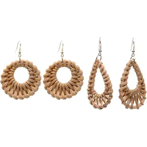 Rattan flower Earrings for Women Multicolor Daisy Raffia Straw Flower Drop Dangle Earrings Weaving  Boho Summer Beach -2 Pairs