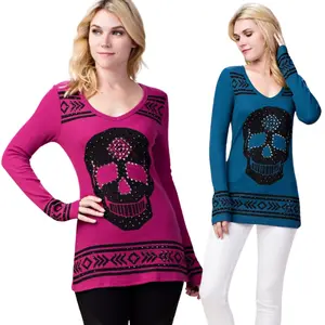 Skull Bling Thermal Hoodie Ladies Lightweight Waffle Thermal Rhinestone Long Sleeve Comfortable Fabric Fashion Womenswear Crystal Streetwear Fit