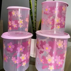 Cherry Blossom Translucent One Touch Canister Set with Pink Floral Design for Storage - Perfect for Organizing Your Kitchen 1.25 L/ 2L/3L/4.3 L