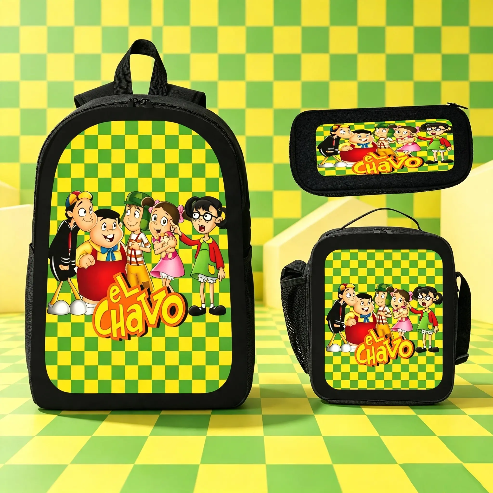 Unisex Preppy El Chavo 3-Piece Polyester Backpack Set - Large Capacity Organizer Storage, Zip-Up Commuter/Laptop Daypack, Lunch Bag, Pencil Case, Durable School/Travel Accessory, Back To School Gift, 2D Cartoon Casual Item