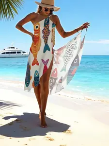 Women's Summer Colorful Fish Print Halter Dress, Sexy Beach Cover-Up, Swimwear Coverups, Party Vacation Style, Slim-Fitting One-Piece Swimsuit Wrap