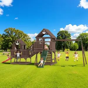 ALBOTT 3 Different Size Wooden Swing Set for Kids, Large Outdoor Wood Playhouse with Double Towers, Wave Slides, Swings, Climbing Wall & Ladder, Backyard Playground for Ages 3–8