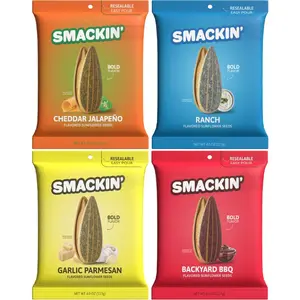SMACKIN’ Sunflower Seeds 4-Flavor Variety Pack - 4oz Bags (Cheddar Jalapeño, Backyard BBQ, Garlic Parmesan, Ranch) Snack