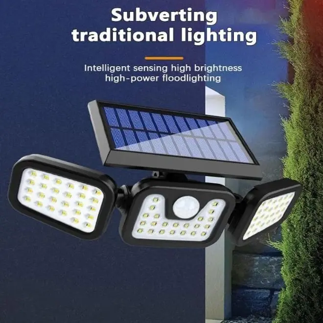 Solar Motion Sensor Street Light, Outdoor Solar Powered Triple Head Security Light with Wide Angle LED Flood Lights, Waterproof IP65 Wireless Solar Wall Light, Auto On Off Motion Detection Lamp for Garden, Yard, Garage, Driveway, Fence