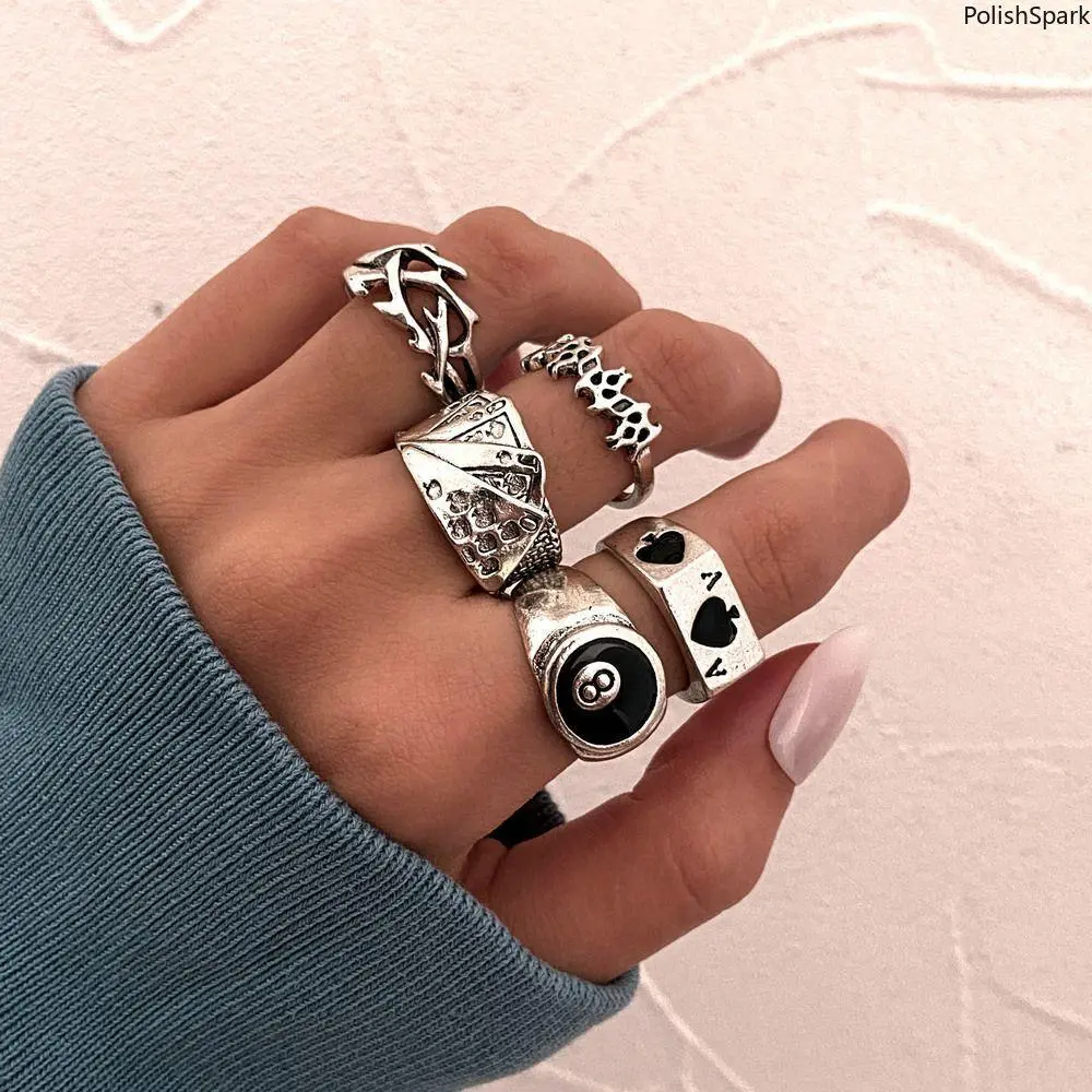 Gothic Punk 5-Piece Stackable Finger Rings, Adjustable Antique Silver Costume Jewelry Set for Women Men with Playing Card & Flame Designs