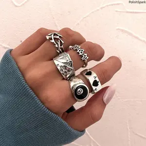 5 Piece Gothic Punk Stackable Ring Set, Vintage Silver Playing Cards Adjustable Open Rings