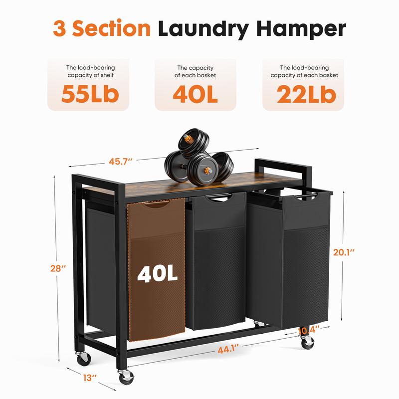 Laundry Hamper, Laundry Sorter with Shelf, Clothes Basket Organizer with 2 Pull-Out and Removable Bags, Movable Wheels for Laundry Room Bathroom Bedroom, Metal Frame, Black