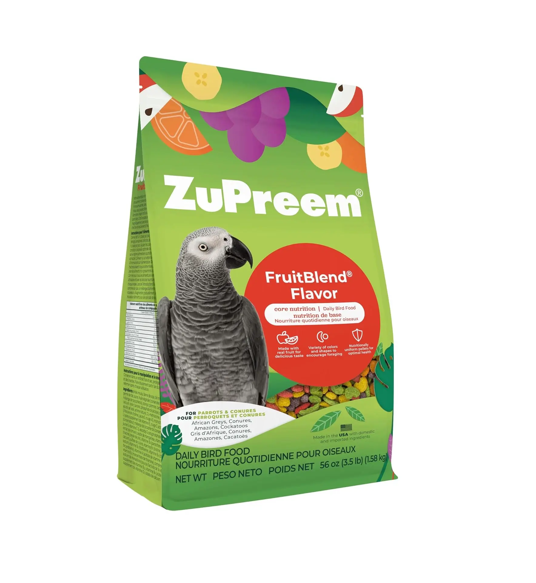 ZuPreem FruitBlend Bird Pellets, Daily Bird Food for Parrot, Conure, Caique, African Grey, Eclectus, Small Cockatoo, Core Nutrition for Medium Large Birds, Parrot Food (ML, 3.5 lbs)