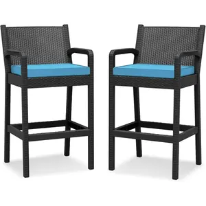 Outdoor Bar Stools Set of 2, 30" Patio Barstools Furniture Chairs with Cushions, Wicker Bar Chair for Backyard, Garden, Pool, Balcony and Deck, Blue