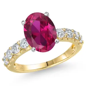 14K Two Tone Gold Red Created Ruby and Lab Grown Diamond Engagement Ring For Women | 5.10 Cttw | Oval 11X9MM | Gemstone July Birthstone