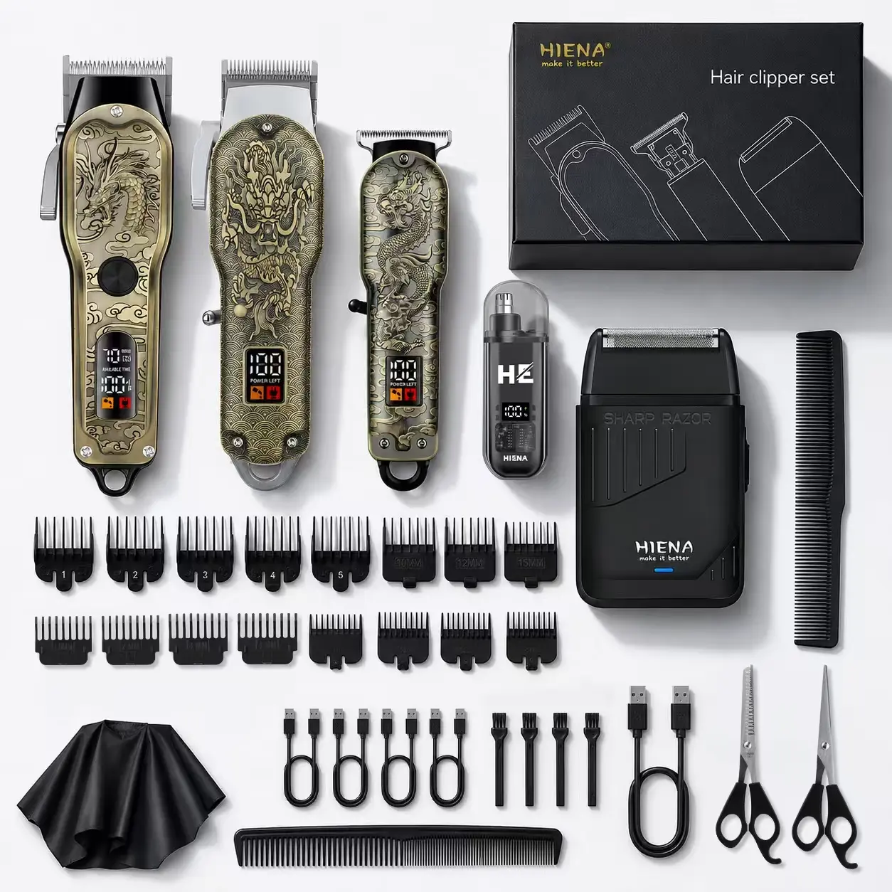 Men's Dragon Edition Premium 5-Piece Hair Trimmers Set - hyn-275long+231+059+835+b001, 2000mAh, Vintage Dragon Engraving, Anti-Tangle Full Comb Accessories, Storage-Ready Barber Boxed Set, Men's Care Routine Tool for Home Male Grooming & Body Hair Removal