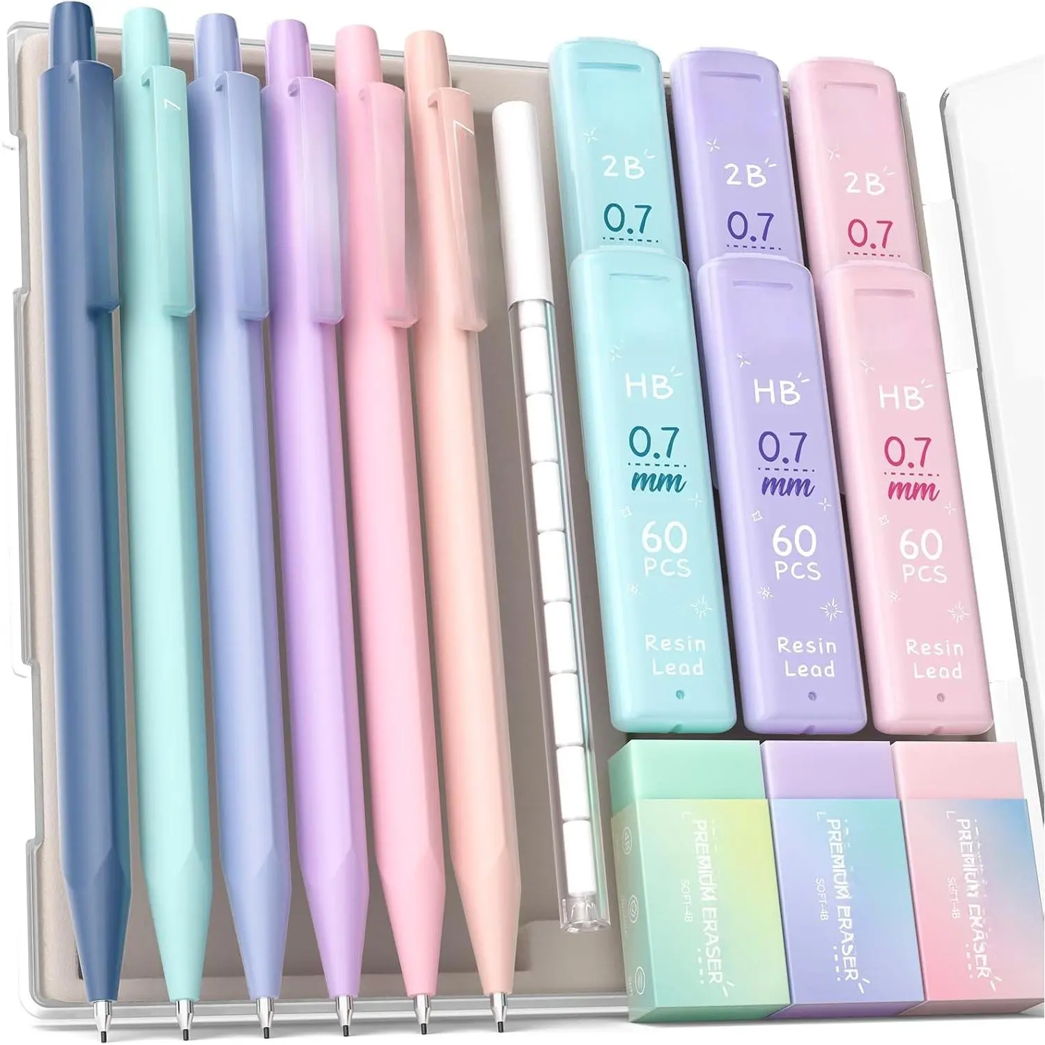 Mechanical Pencils 0.7mm, with HB & 2B Lead Refills 0.7, Pastel Eraser Set & Eraser Refills, 16-Count Pack with Case, Cute Aesthetic School Supplies for Writing, Drawing and Sketching Clean Erasing Strength