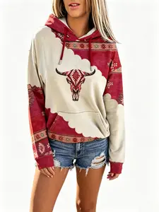 Bohemian Western Women's Aztec Graphic Retro Ethnic Print Vintage Bull Head Print Western Sweatshirt | Women's Casual Round Neck Sweatshirt with Adjustable Drawstring, graphic hoodies, Machine Washable All-Season Comfort