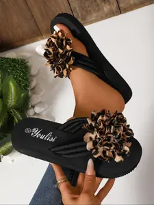 Women's Fashionable Flower Decorated Slides, Casual Comfortable Flat Sandals for Summer, Female All-match Round Toe Sandals for Daily Wear, Walking Shoes, Boho Style Slippers