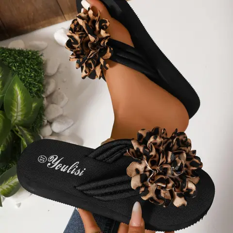 Women's Fashionable Flower Decorated Slides, Casual Comfortable Flat Sandals for Summer, Female All-match Round Toe Sandals for Daily Wear, Walking Shoes, Boho Style Slippers, Trendy Casual Slippers