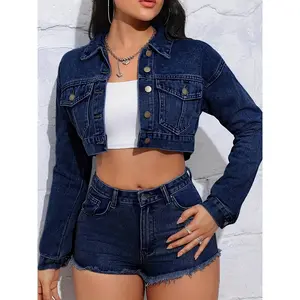 [Vintage Blue Denim Jacket] Vintage-Inspired Blue Denim Jacket - Chic Women's Short Style with Raw Hem & Distressed Details - Long Sleeves, Button Closure, Non-Stretch Fabric