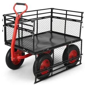 GARVEE 1400 Lbs Steel Garden Cart, Heavy Duty Pullable Garden Wagon Yard Cart, 2 In 1 Outdoor Metal Utility Wagon Yard Trailer with 16" All Terrain Tires, Mesh Removable Sides and 180°Rotating Handle