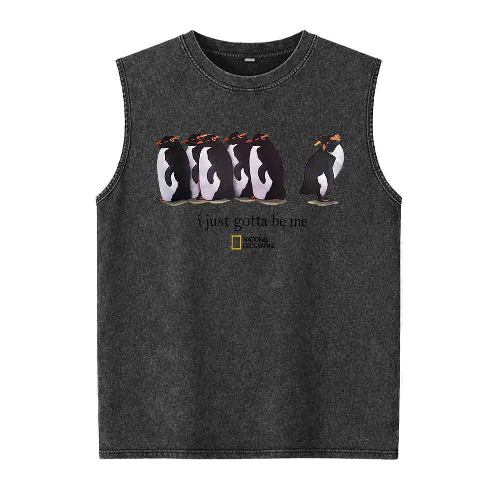 National Geographic Cotton Short Sleeve Washed Vest I Just Gotta Be Me Graphic Penguin,Hoodie and Sweatshirt for autumn and winter,Crew Neck Loose Fit Casual Streetwear Tee for Him & Her