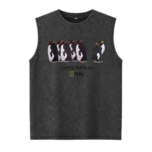 National Geographic Unisex Cotton Sleeveless Washed Vest - Plain, Smooth Soft Seamless Fabric, "I Just Gotta Be Me" Penguin Graphic, Round Neck Loose-Fit Foldable Casual Streetwear for Autumn & Winter (Menswear Tops)