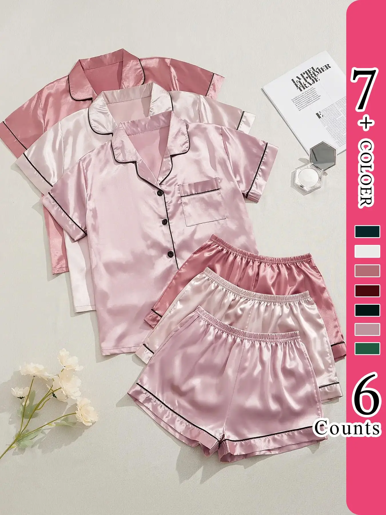 Women's Contrast Binding Satin Pajama Set, Casual Lapel Short Sleeve Shirt & Elastic Waist Shorts, Summer Clothes Women, Summer Sleepwear, Homewear, S