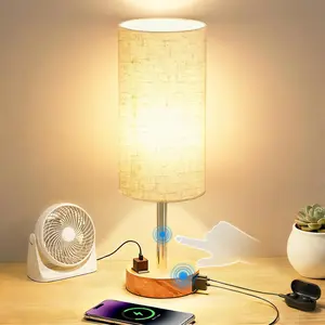 Table Lamp for Nightstand, High-Sensitivity Touch, 3-Level Dimmable Bedside Lamp with AC Outlet |   USB |   and USB-C, Ideal Night Stand Lamp for Bedroom, Reading, Living Room(Warm&Wooden)