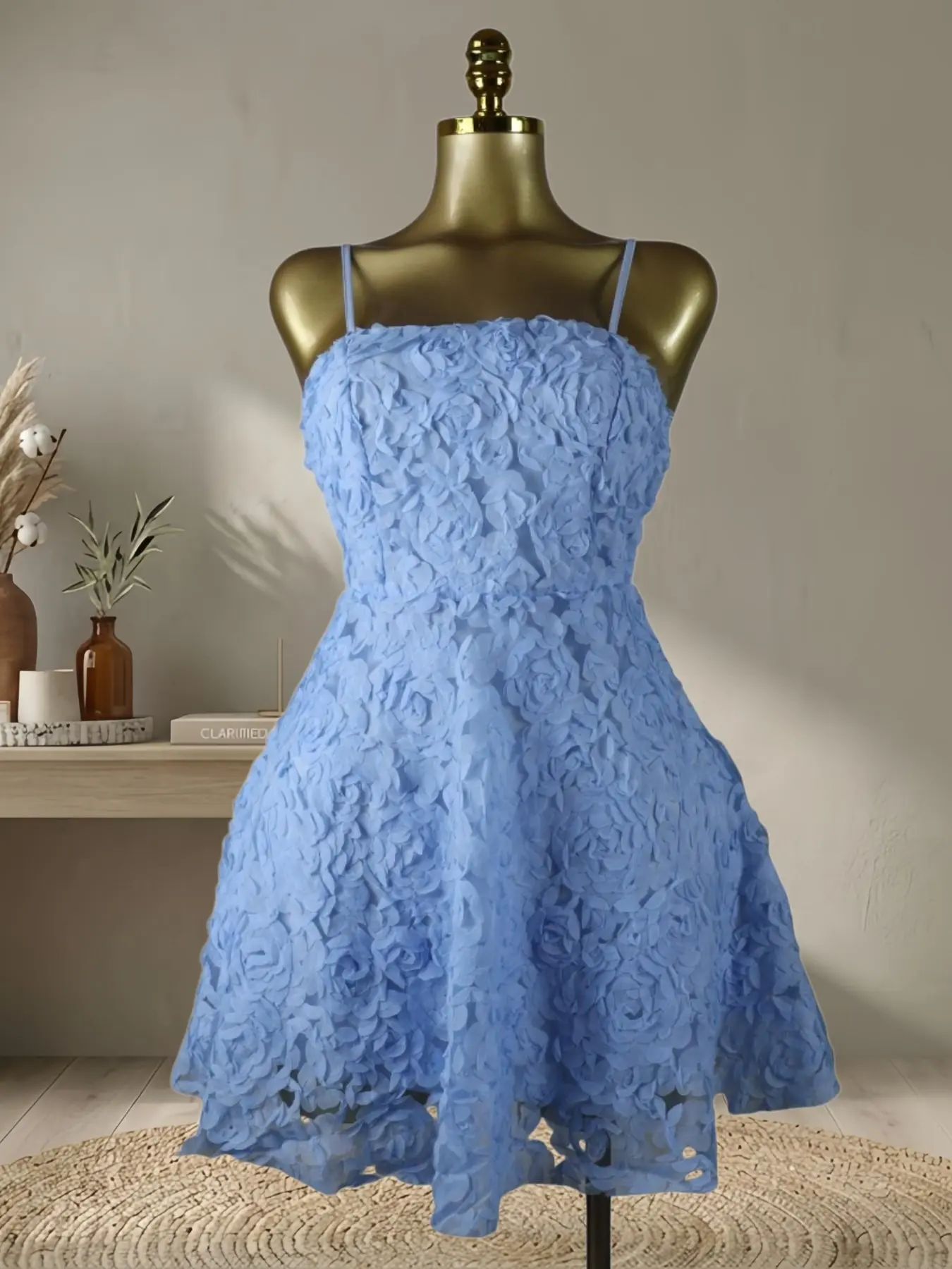 QFAF 2026 Pink/blue Floral Mini Dress for Women, 3D Rose Textured Spaghetti  Strap Dress, Back