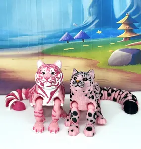 2pcs Articulated Pink Tiger and Leopard  3D Printed Wild Animal Fidget Toy, Poseable Jungle Cat