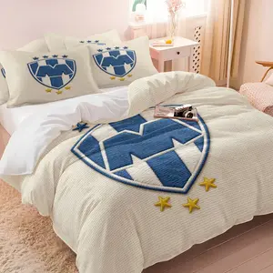 Rayados de Monterrey Waffle Weave Print Duvet Cover Set and 1-2 Pillowcases No Pillows, Beige Waffle Texture with Blue White Shield Crest, Comfortable Soft Bedding, Light Luxury Bedroom Decor, Gift Choice