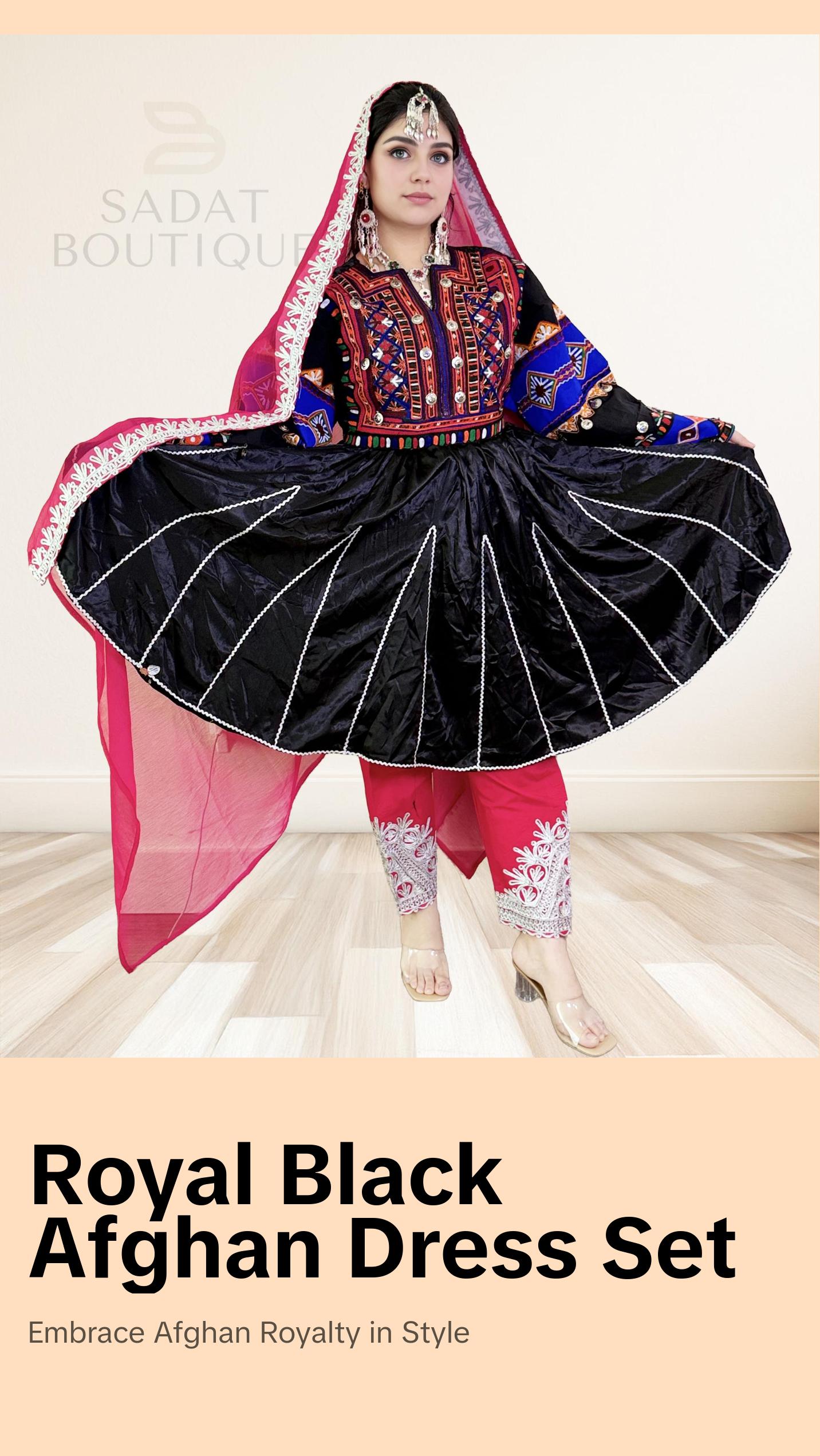 Title: Black Afghan Dress with Royal Embroidery & Pink Scarf Se